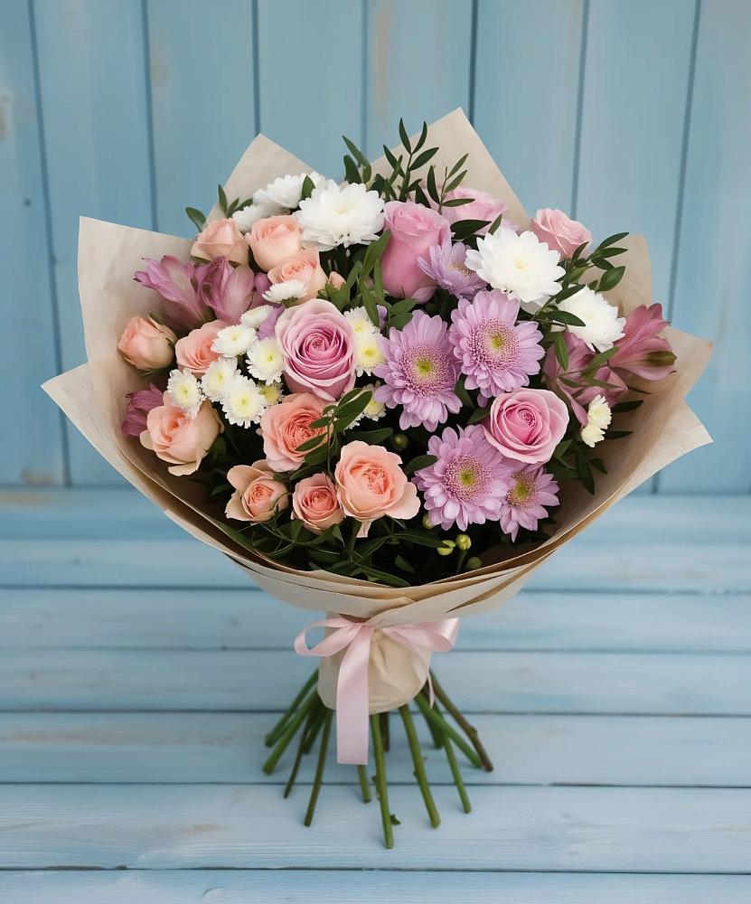 Букет цветов из: Хризантемы, Розы и Альстромерии в Атамановке